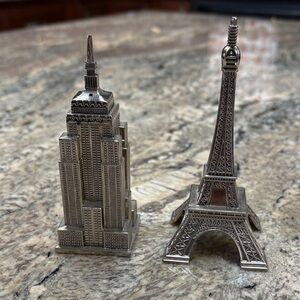 Godinger vintage Empire State Building, Eiffel Tower salt pepper shakers silver